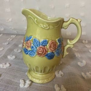Norleans Ceramic Pitcher & Basin Avocado W. Roses/Leaves